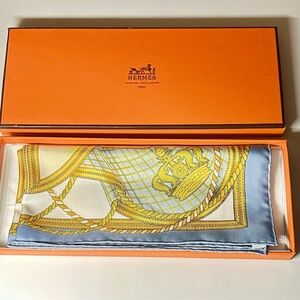 💯% Authentic Hermes “Grande Tenue Yellow & Light Blue Silk Scarf